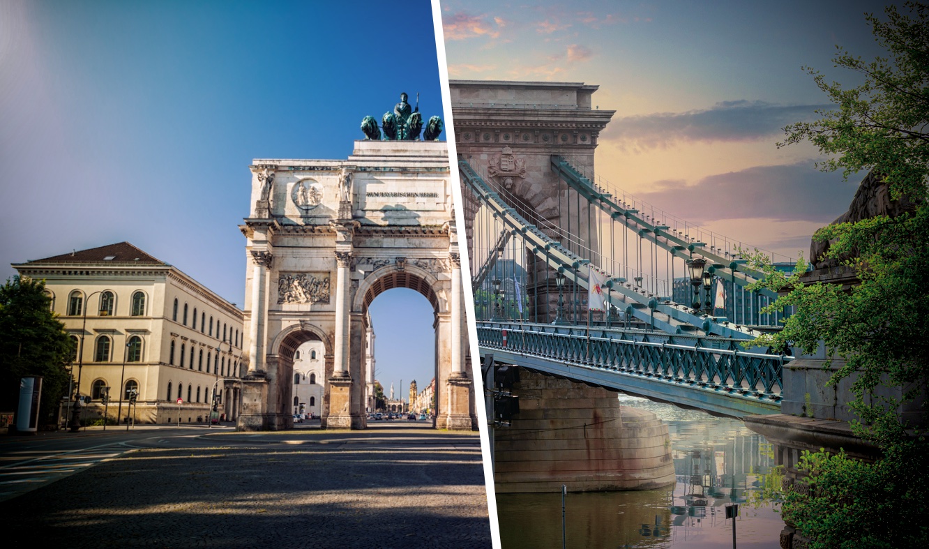 A müncheni Siegestor és a budapesti lánchíd egy képen egy ferde vonallal elválasztva.